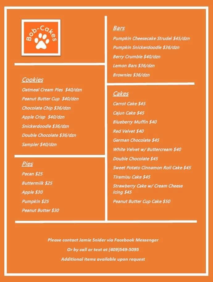 Bob-Cakes current menu